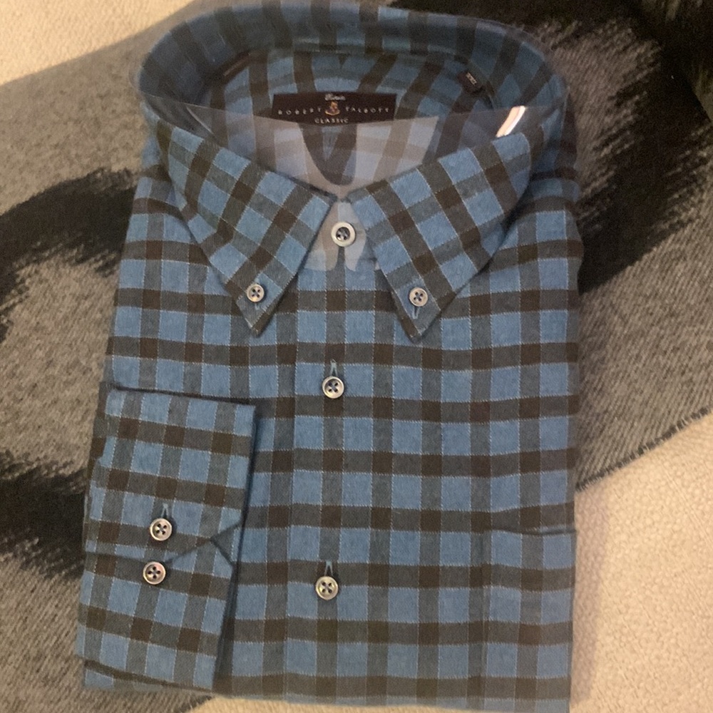 Robert Talbott, men’s shirt, XXL, medium blue/black. Luxury button-down. NWT!